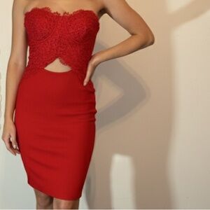 Luxxel red cutout lace crochet strapless bodycon fitted mini dress